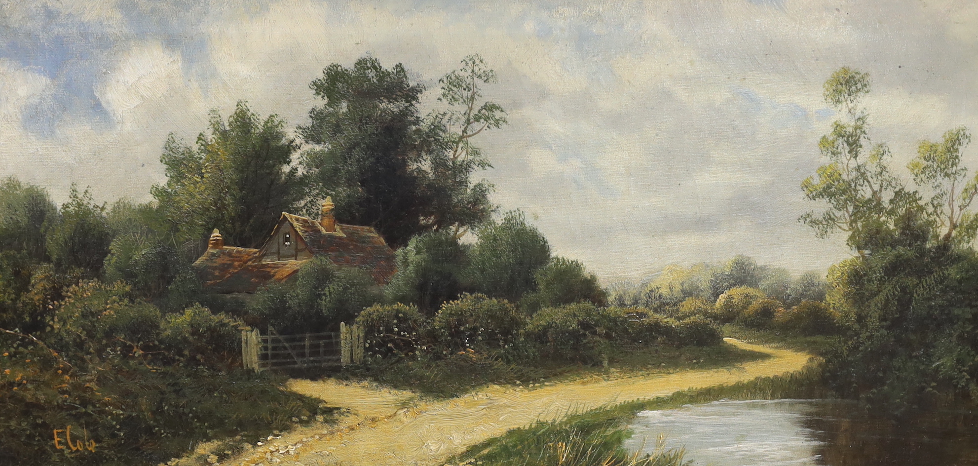 E. Cole, oil on canvas, Cottage in a landscape, signed, 29 x 60cm